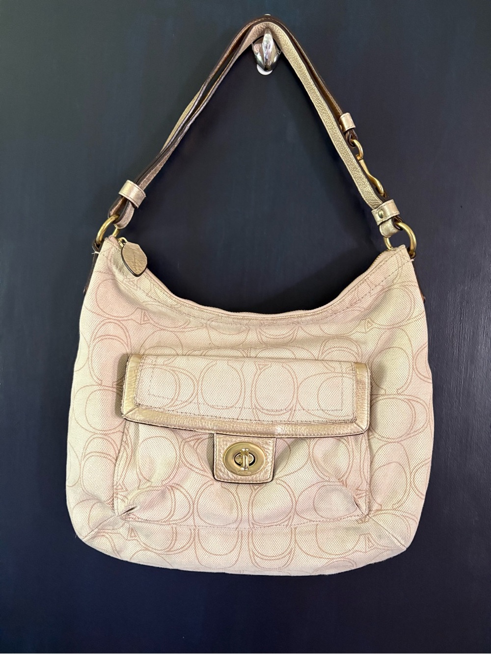 Coach Signature Jacquard Hobo Shoulder Bag Metallic Gold Leather Turnlock